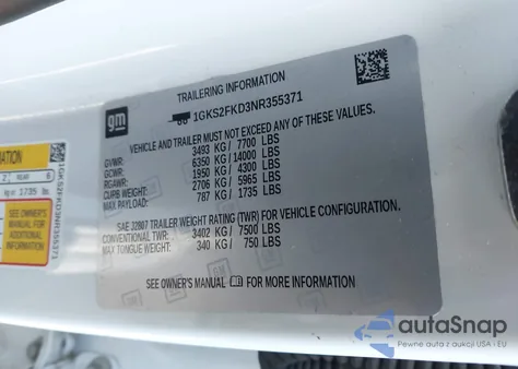 2022 GMC Yukon Xl 4Wd Sle z USA, uszkodzony, nr VIN 1GKS2FKD3NR355371